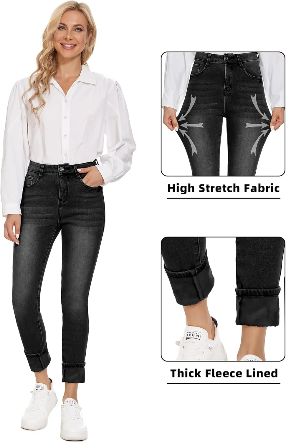 Women's Fleece Lined Jeans Thermal Flannel Lined Jeans Winter Warm Thicken Skinny Stretch Denim Pants