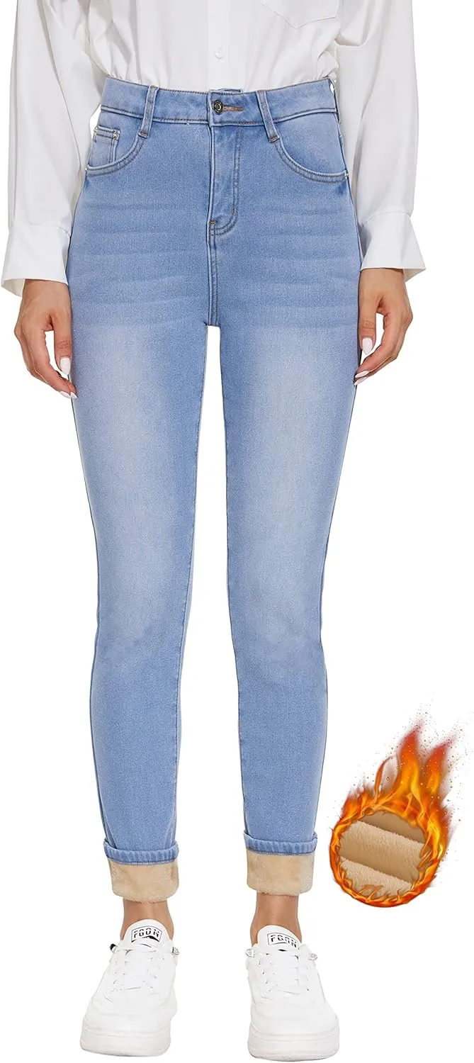 Women's Fleece Lined Jeans Thicken High Waisted Skinny Stretch Jeans for Women Winter Warm Flannel Lined Butt Lift Jeans
