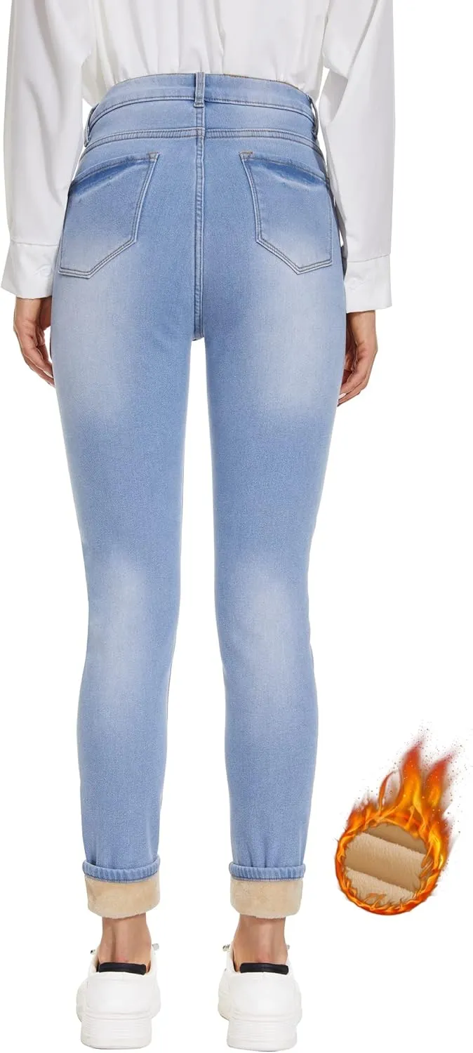Women's Fleece Lined Jeans Thicken High Waisted Skinny Stretch Jeans for Women Winter Warm Flannel Lined Butt Lift Jeans