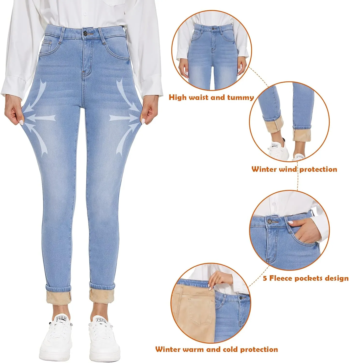 Women's Fleece Lined Jeans Thicken High Waisted Skinny Stretch Jeans for Women Winter Warm Flannel Lined Butt Lift Jeans