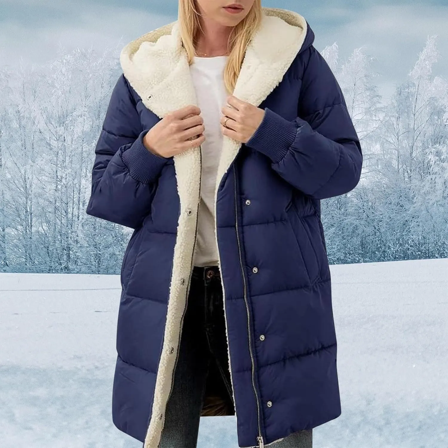 Womens Fleece Lined Long Puffer Jacket 2024 Winter Warm Comfy Down Coat Fashion Temperament Padded Outwear with Hood