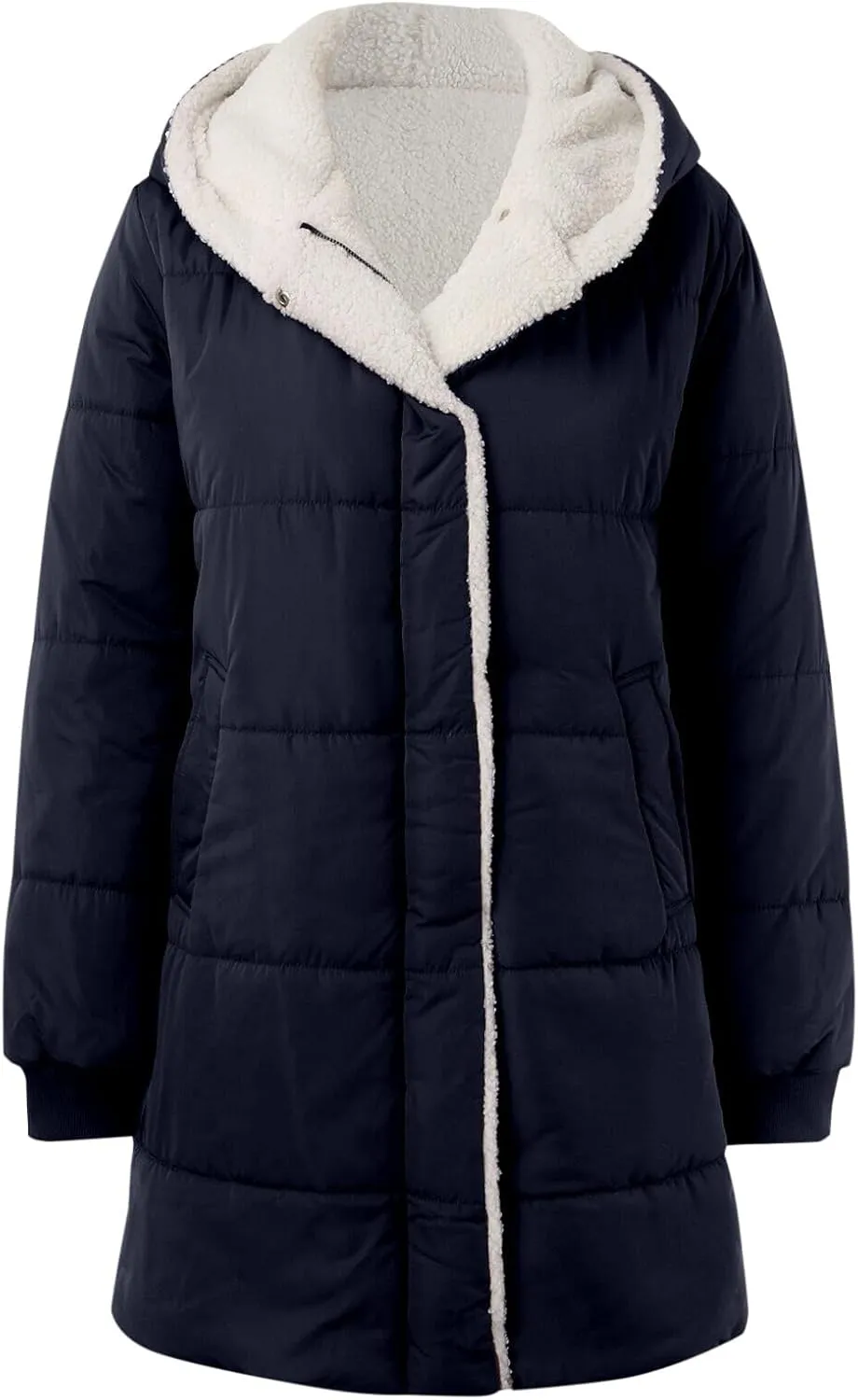 Womens Fleece Lined Long Puffer Jacket 2024 Winter Warm Comfy Down Coat Fashion Temperament Padded Outwear with Hood