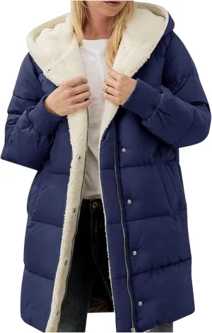 Womens Fleece Lined Long Puffer Jacket 2024 Winter Warm Comfy Down Coat Fashion Temperament Padded Outwear with Hood