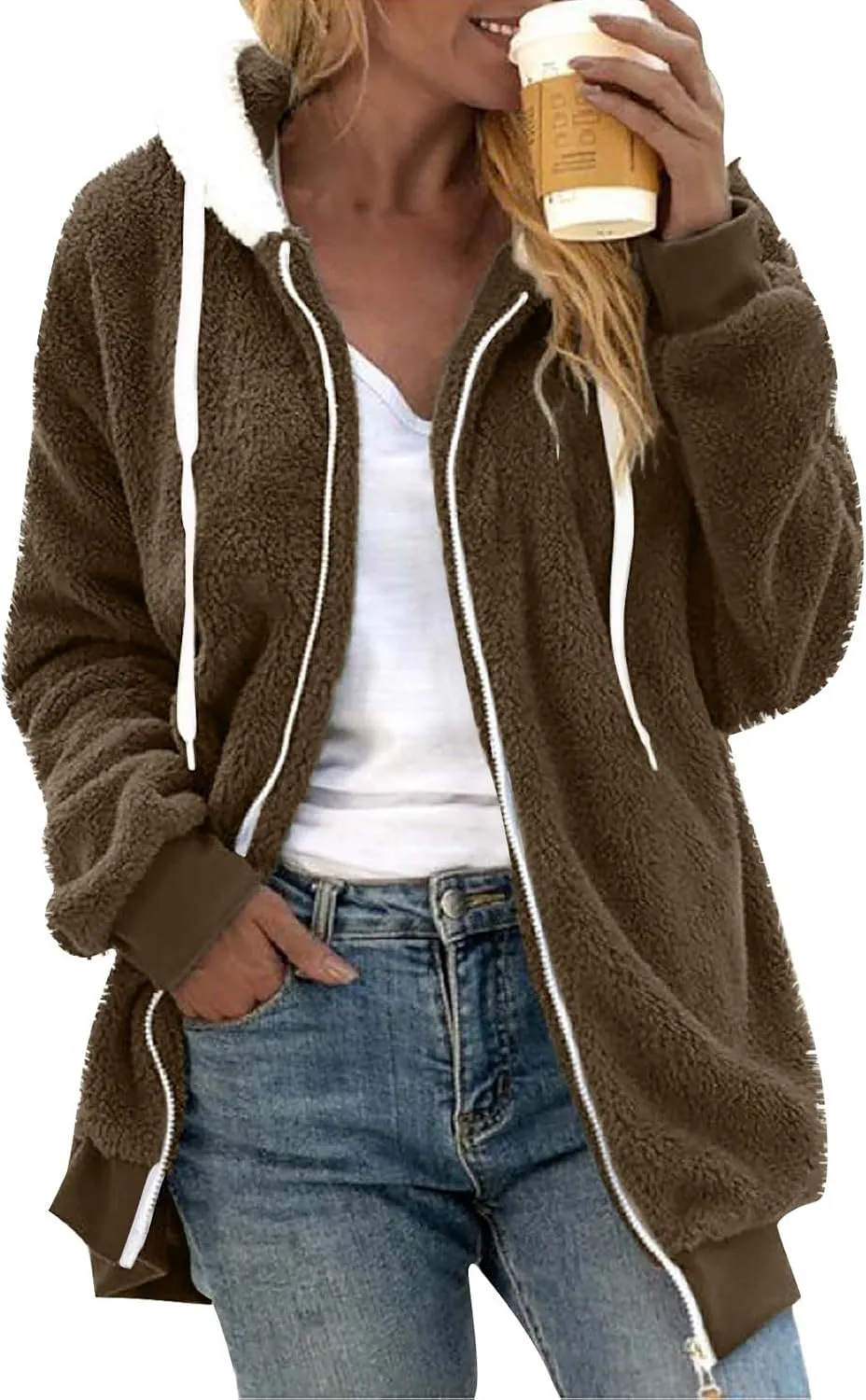 Womens Fleece Zip Up Jacket with Pockets Oversized Long Sherpa Hoodies Fuzzy Jackets Warm Teddy Coats