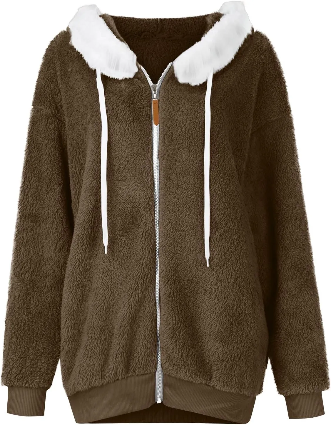 Womens Fleece Zip Up Jacket with Pockets Oversized Long Sherpa Hoodies Fuzzy Jackets Warm Teddy Coats