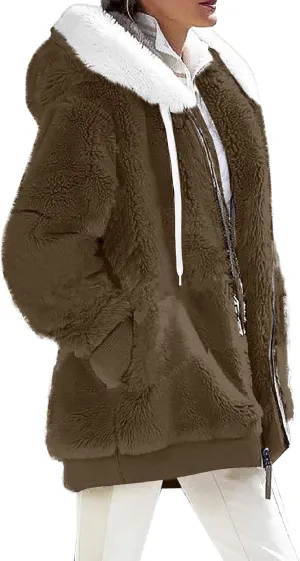 Womens Fleece Zip Up Jacket with Pockets Oversized Long Sherpa Hoodies Fuzzy Jackets Warm Teddy Coats