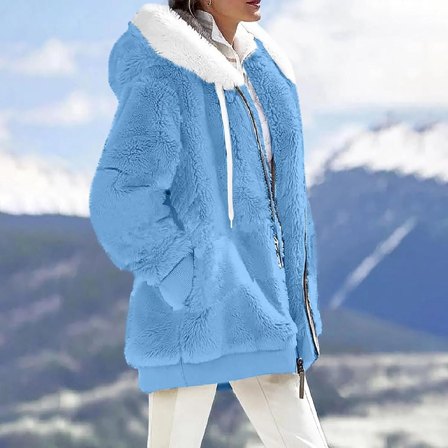 Womens Fleece Zip Up Jacket with Pockets Oversized Long Sherpa Hoodies Fuzzy Jackets Warm Teddy Coats