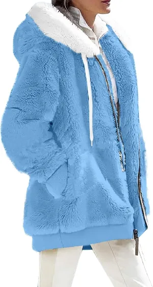 Womens Fleece Zip Up Jacket with Pockets Oversized Long Sherpa Hoodies Fuzzy Jackets Warm Teddy Coats