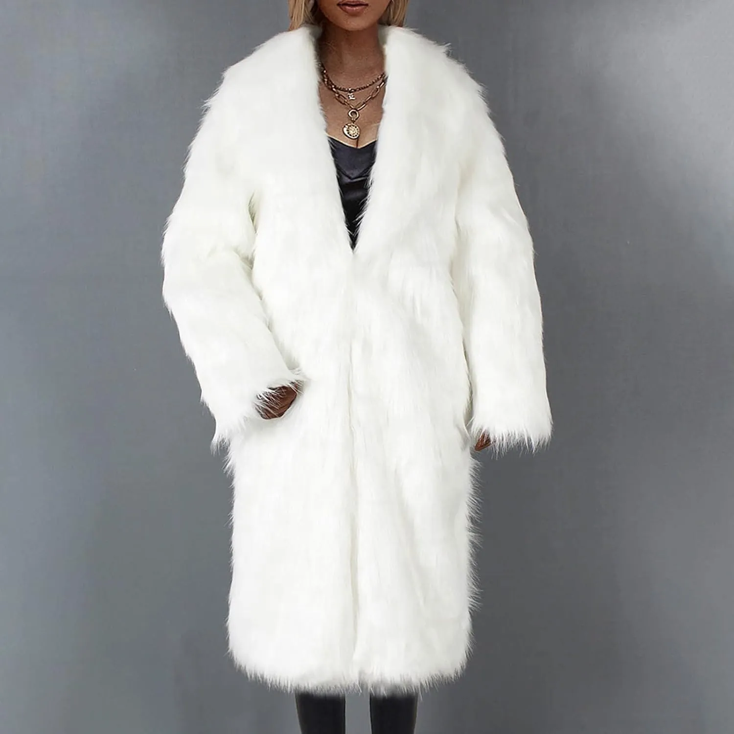Women's Fluffy Jackets Fashion Casual Long Plush Solid Color Coat Thermal Cardigan Jacket, M-2XL