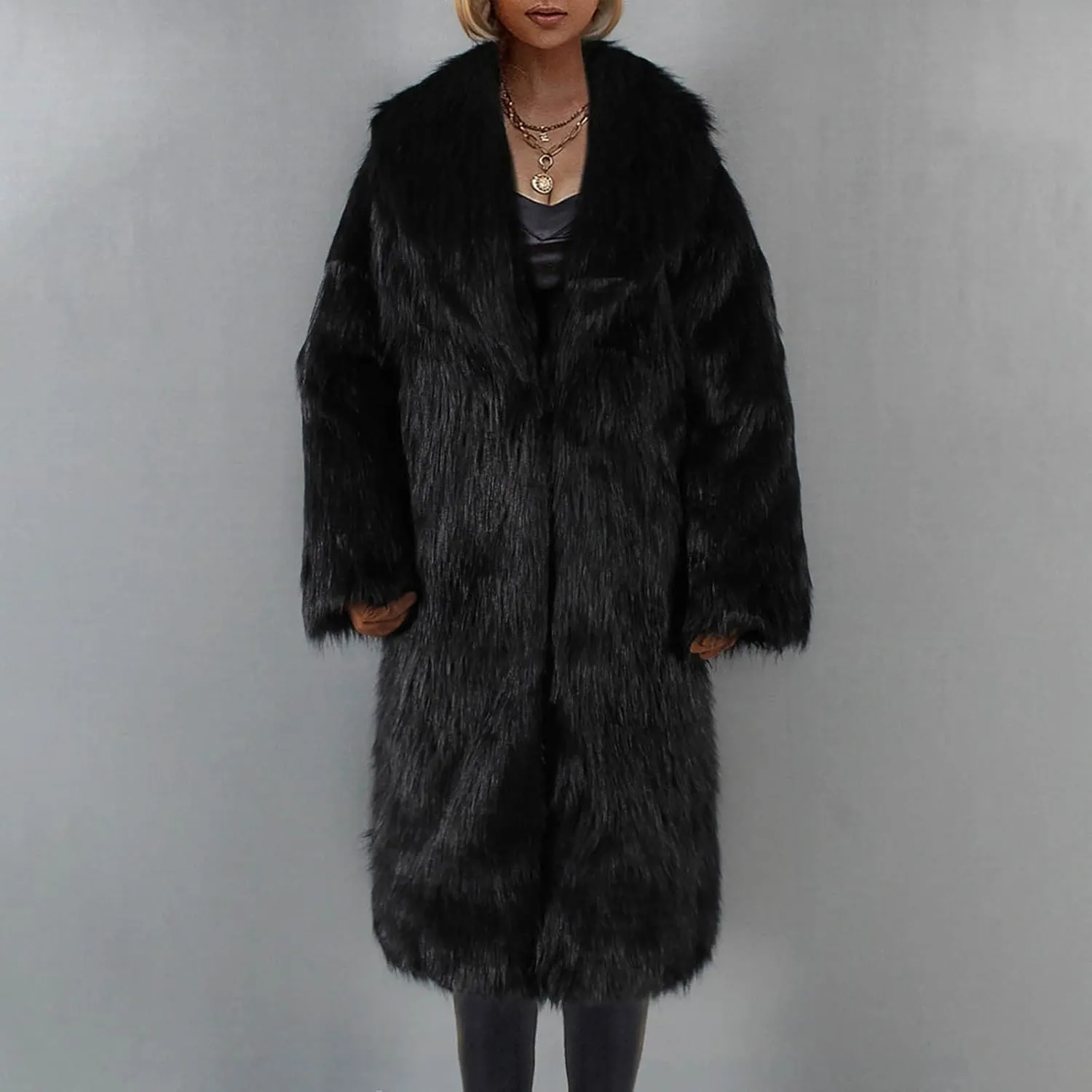 Women's Fluffy Jackets Fashion Casual Long Plush Solid Color Coat Thermal Cardigan Jacket, M-2XL