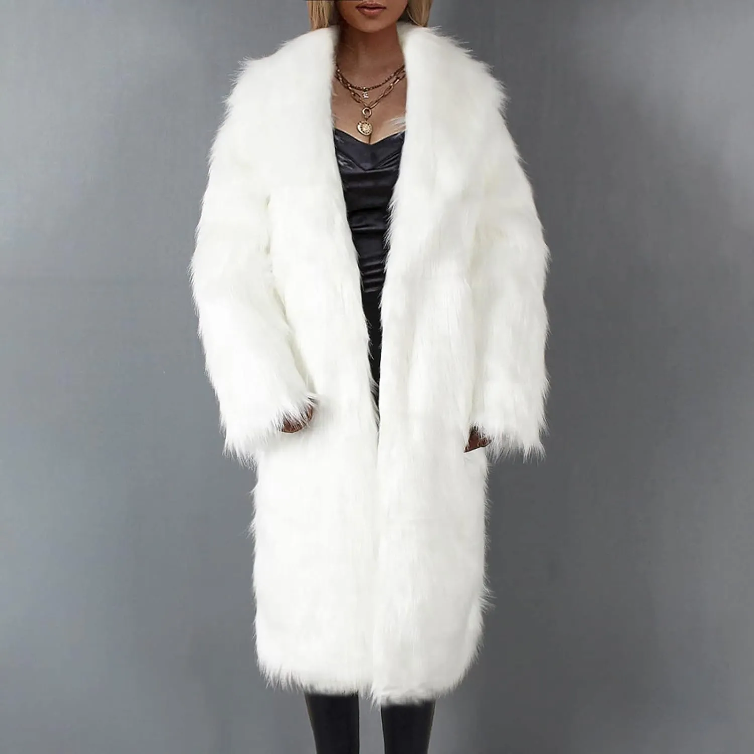 Women's Fluffy Jackets Fashion Casual Long Plush Solid Color Coat Thermal Cardigan Jacket, M-2XL