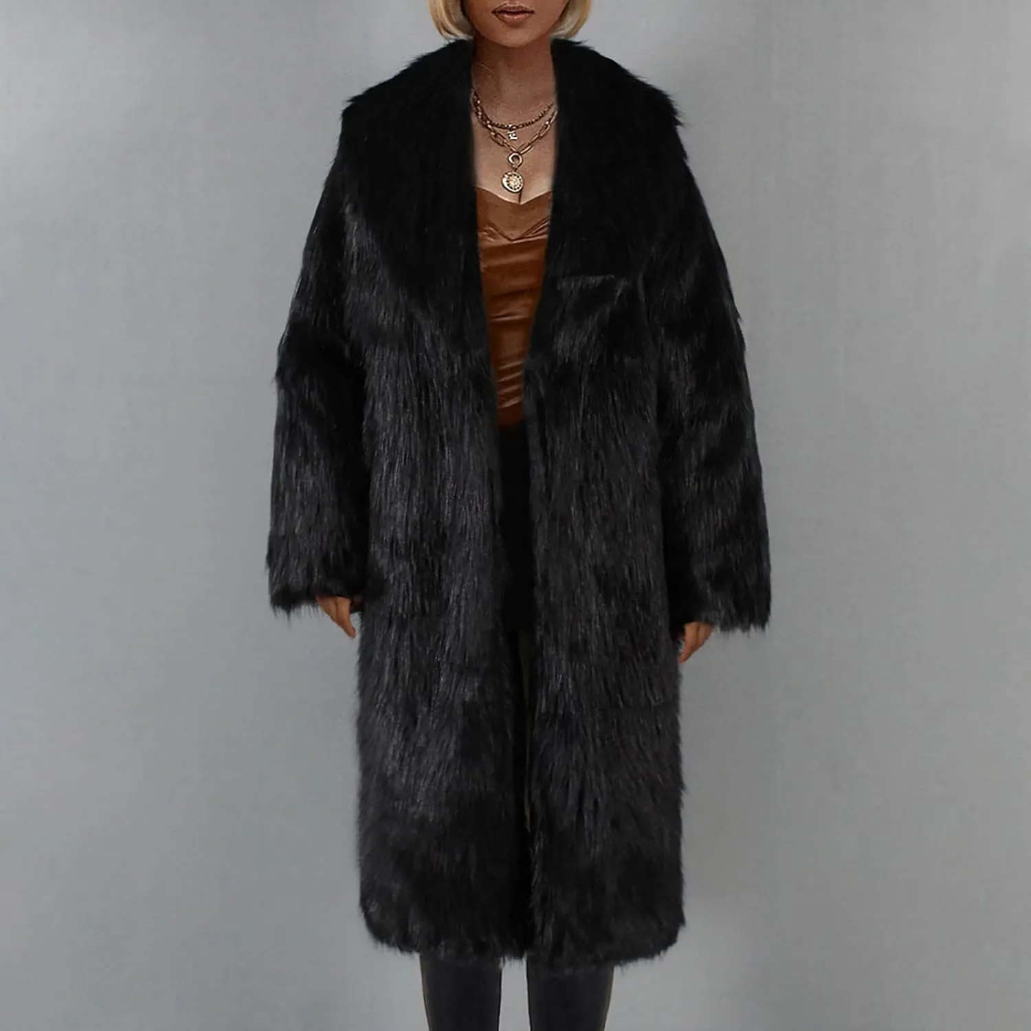 Women's Fluffy Jackets Fashion Casual Long Plush Solid Color Coat Thermal Cardigan Jacket, M-2XL
