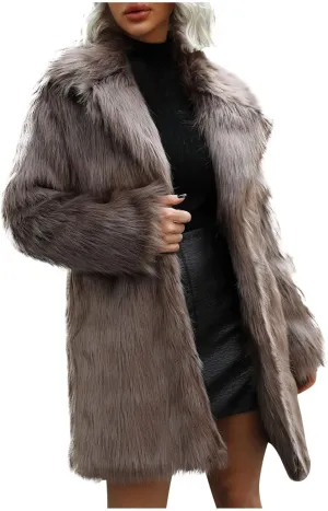 Women's Fluffy Jackets Fashion Casual Long Plush Solid Color Coat Thermal Cardigan Jacket, M-2XL