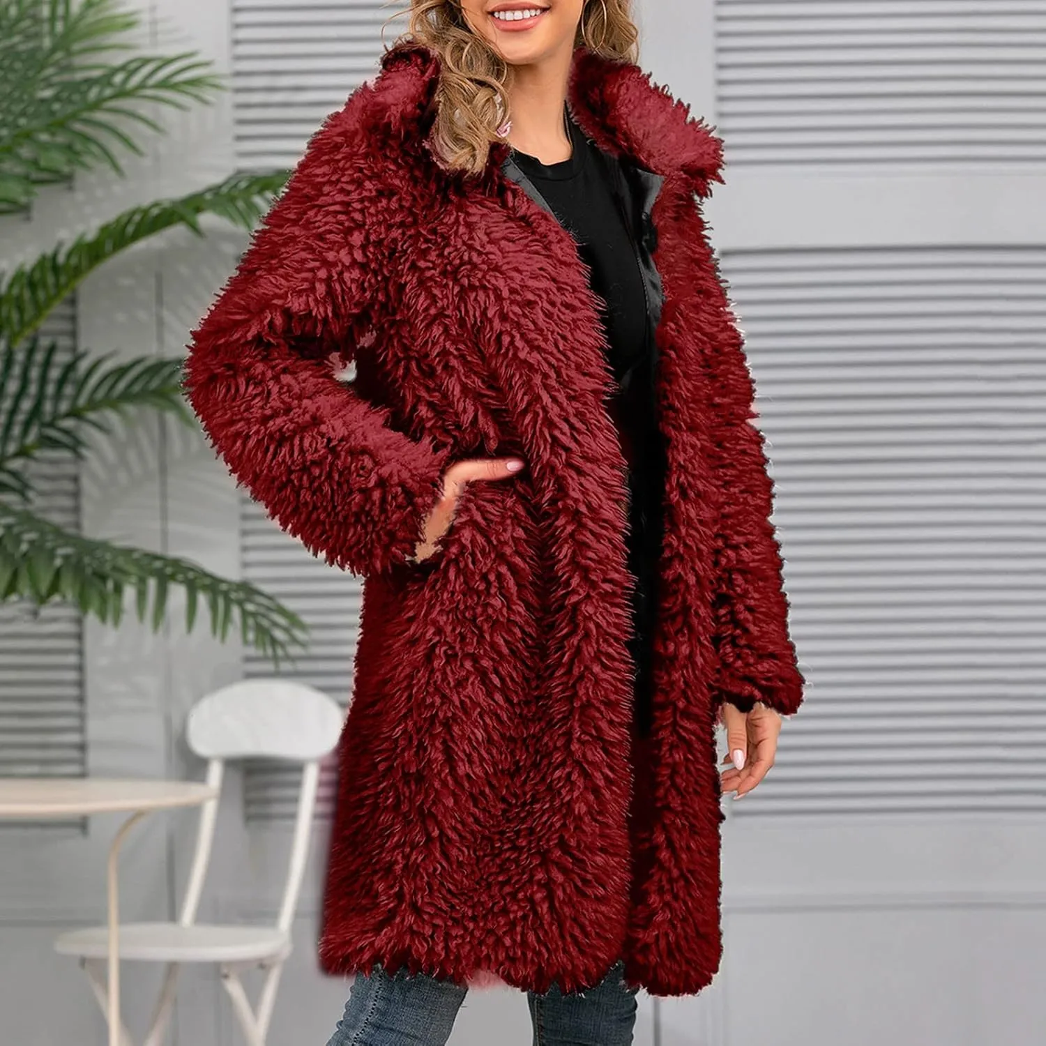 Women's Fluffy Jackets Fashion Casual Long Plush Solid Color Coat Thermal Cardigan Jacket, M-2XL