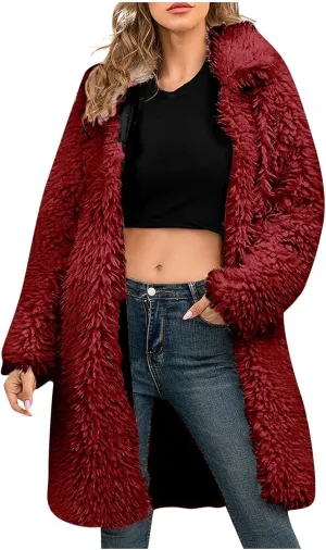 Women's Fluffy Jackets Fashion Casual Long Plush Solid Color Coat Thermal Cardigan Jacket, M-2XL