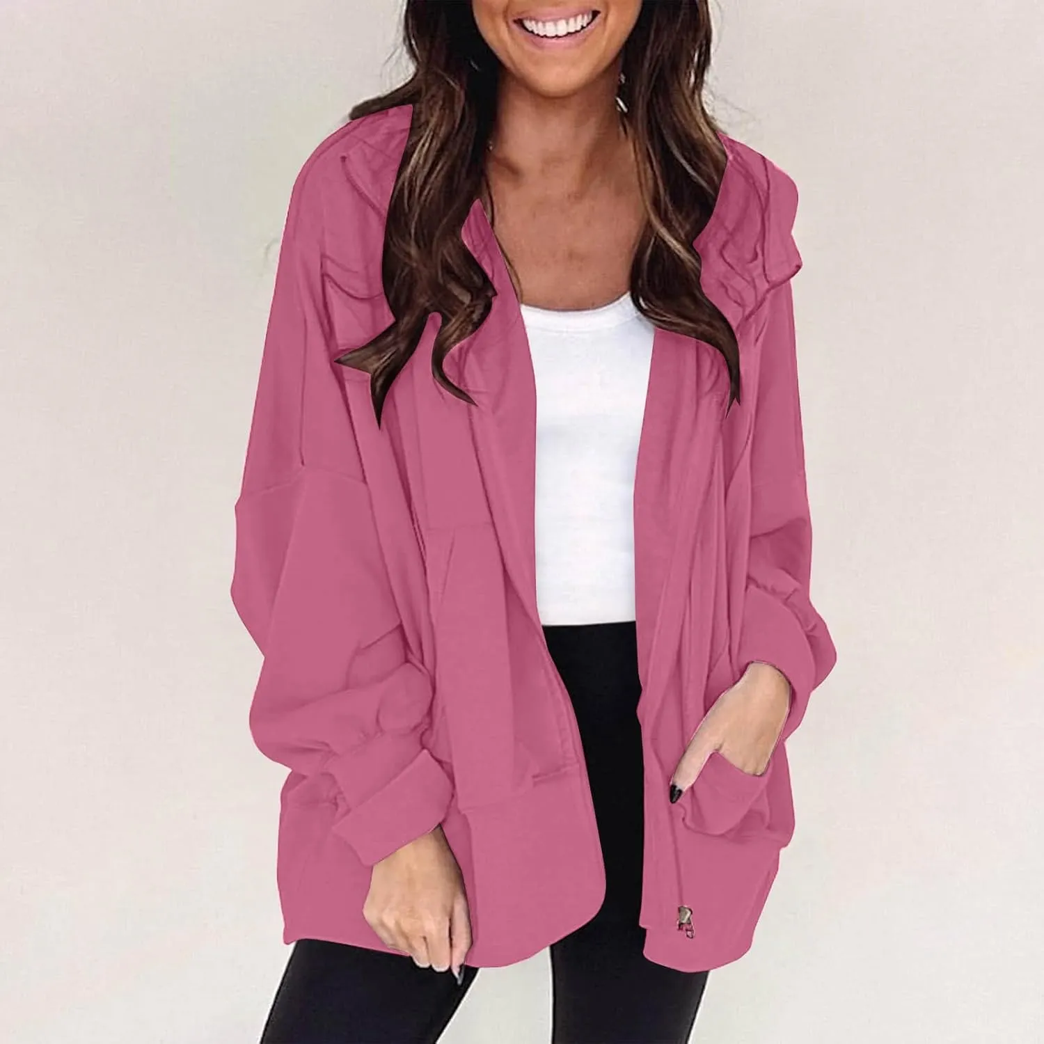 Women's Full Zip Hoodies Casual Loose Hooded Sweatshirt Jackets Soft Outerwear Fall Winter Track Jacket with Pocket