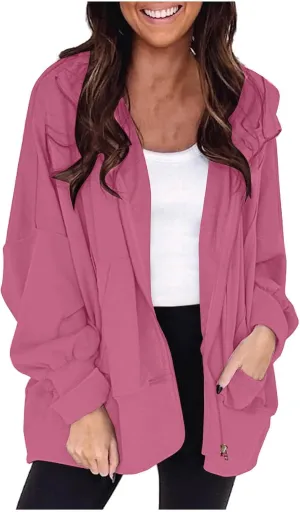 Women's Full Zip Hoodies Casual Loose Hooded Sweatshirt Jackets Soft Outerwear Fall Winter Track Jacket with Pocket