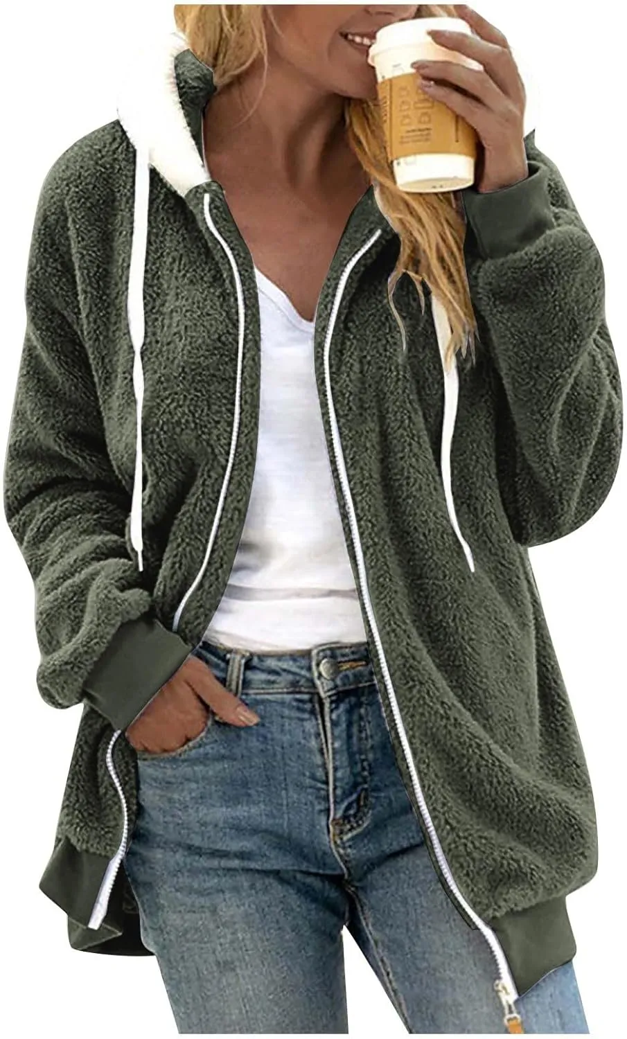 Womens Fuzzy Fleece Jacket Winter Full Zip Plush Hooded Cardigan Coats Soft Oversized Shaggy Warm Outerwear with Pockets