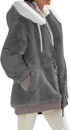 Womens Fuzzy Fleece Jacket Winter Full Zip Plush Hooded Cardigan Coats Soft Oversized Shaggy Warm Outerwear with Pockets