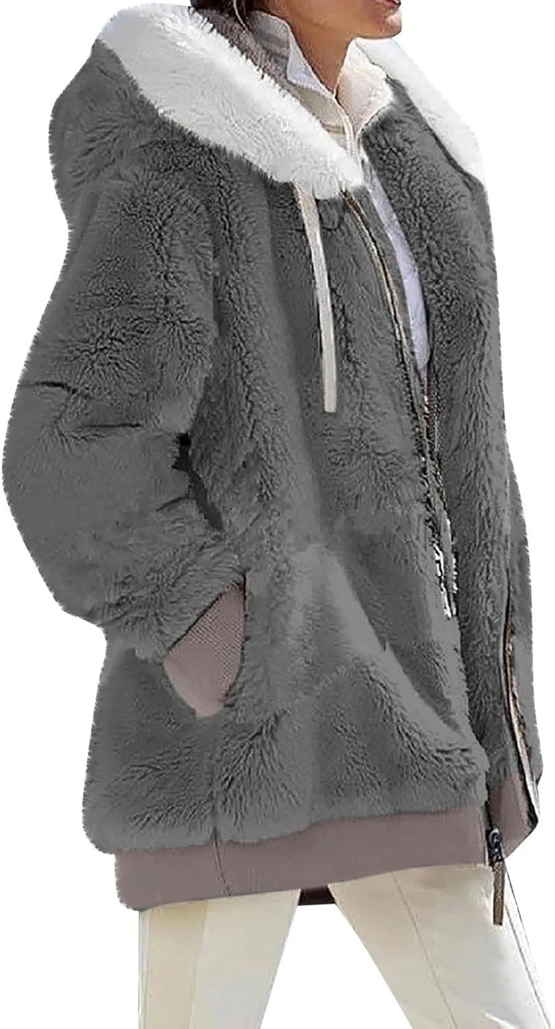 Womens Fuzzy Fleece Jacket Winter Full Zip Plush Hooded Cardigan Coats Soft Oversized Shaggy Warm Outerwear with Pockets