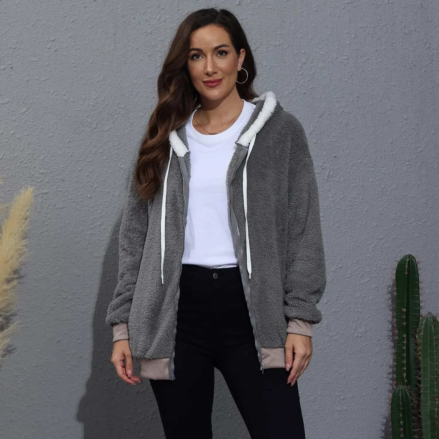 Womens Fuzzy Fleece Jacket Winter Full Zip Plush Hooded Cardigan Coats Soft Oversized Shaggy Warm Outerwear with Pockets