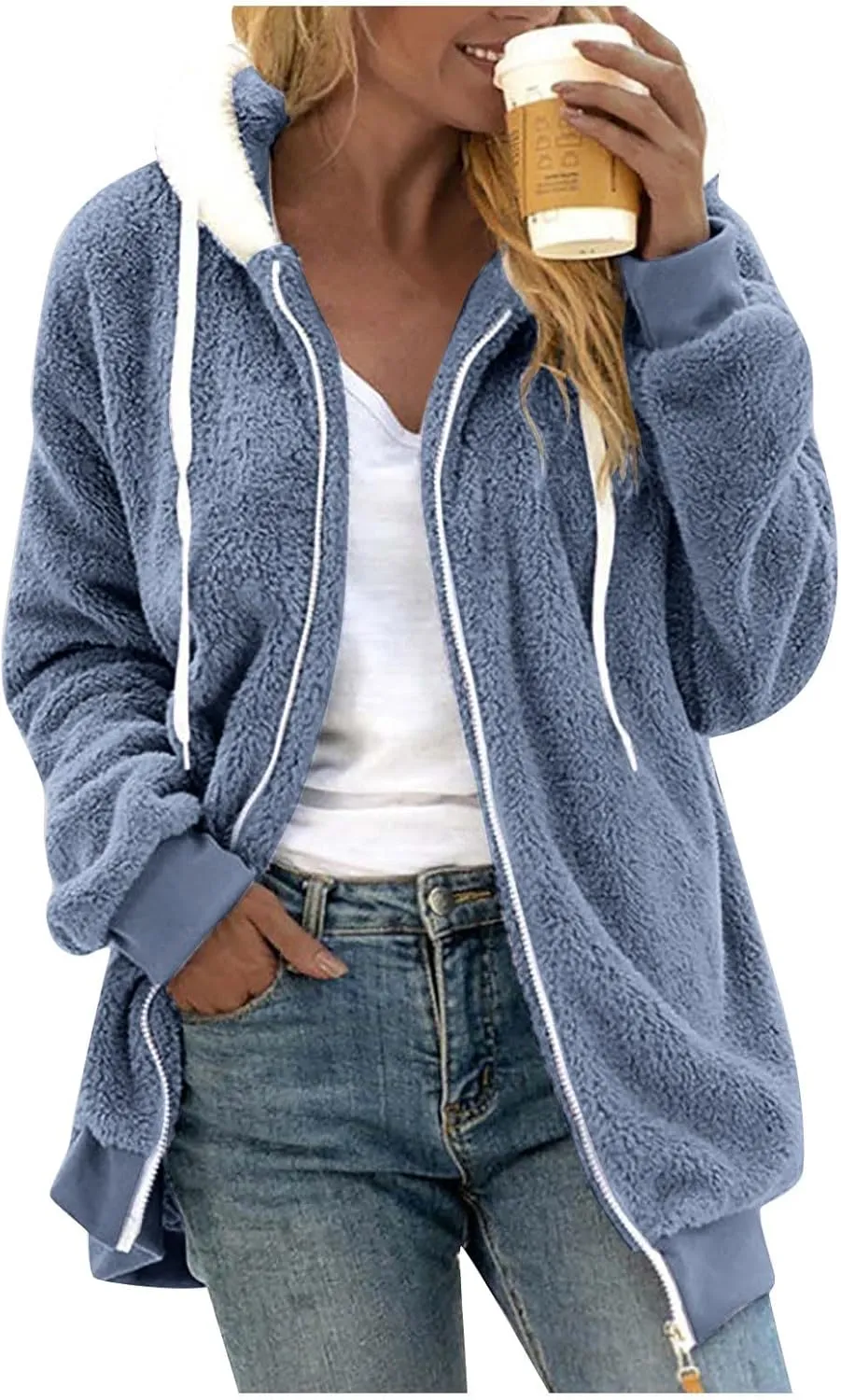 Womens Fuzzy Fleece Jacket Winter Full Zip Plush Hooded Cardigan Coats Soft Oversized Shaggy Warm Outerwear with Pockets