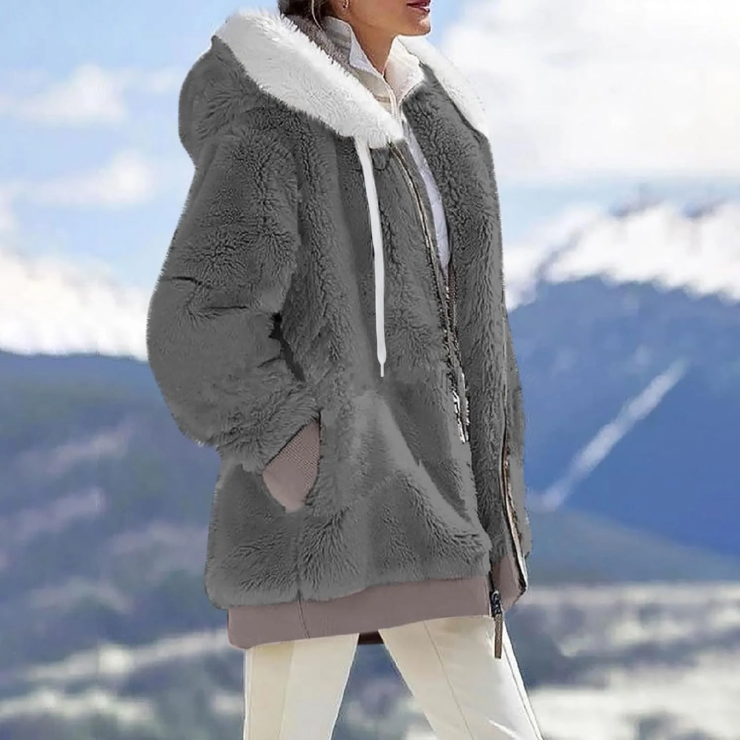 Womens Fuzzy Fleece Jacket Winter Full Zip Plush Hooded Cardigan Coats Soft Oversized Shaggy Warm Outerwear with Pockets