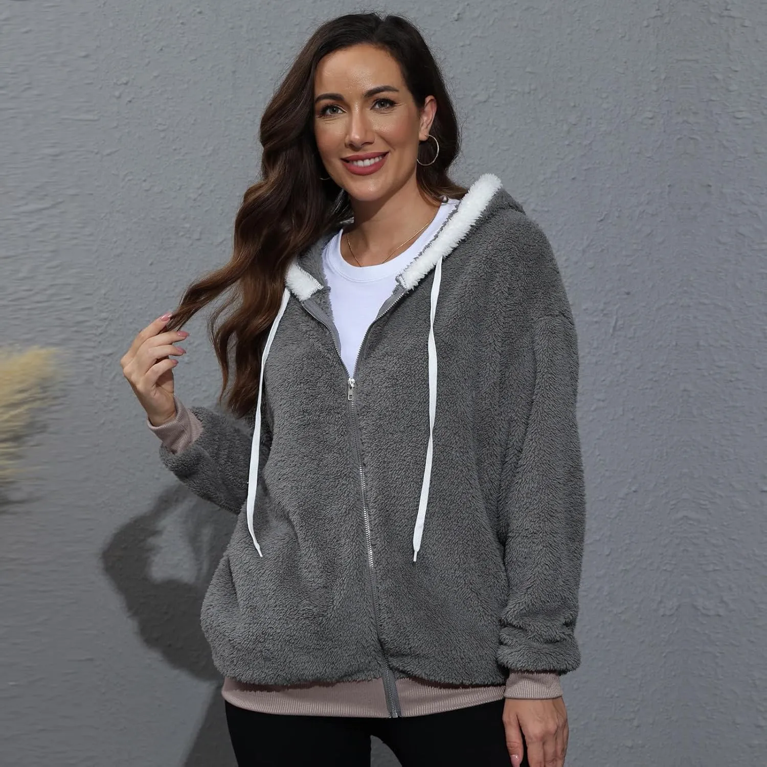Womens Fuzzy Fleece Jacket Winter Full Zip Plush Hooded Cardigan Coats Soft Oversized Shaggy Warm Outerwear with Pockets