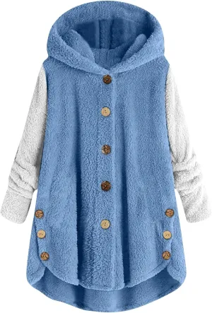 Womens Fuzzy Sherpa Hooded Jacket Fall 2024 Shaggy Fleece Soft Warm Coat Long Sleeve Button Down Cardigan Sweaters