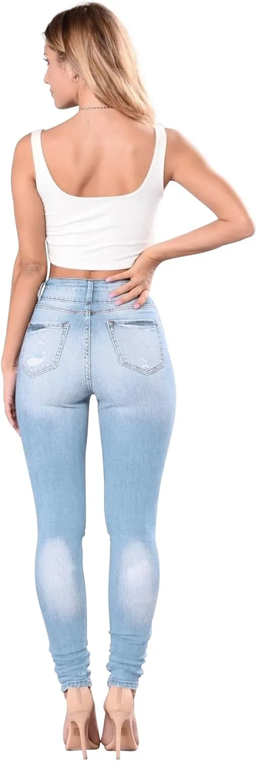 Women's High Waisted Butt Lift Stretch Ripped Skinny Jeans Juniors Distressed Button Down Jeans