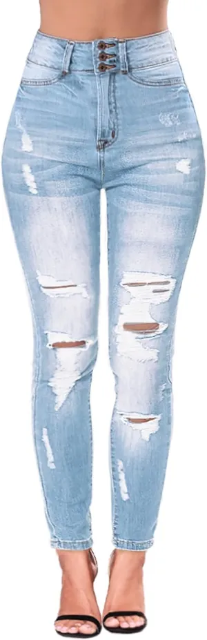 Women's High Waisted Butt Lift Stretch Ripped Skinny Jeans Juniors Distressed Button Down Jeans
