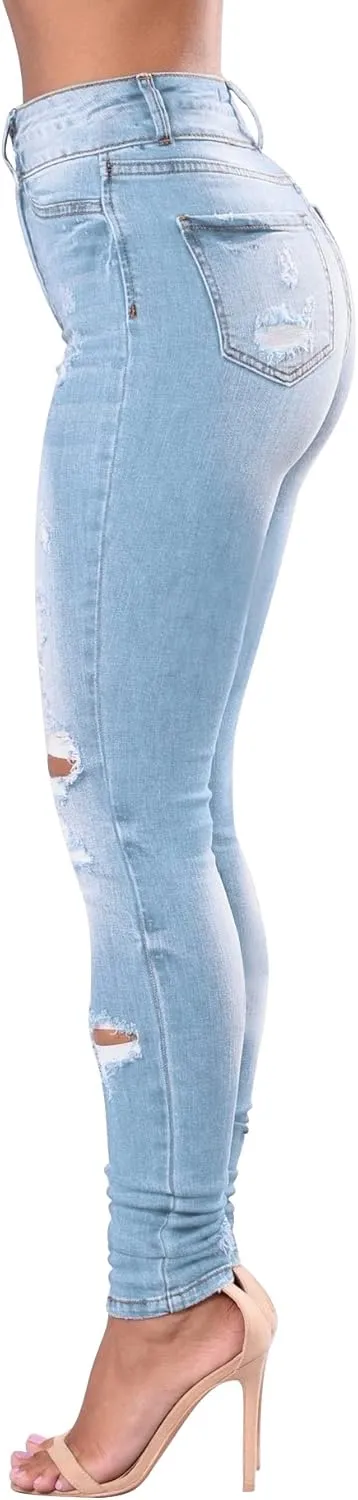 Women's High Waisted Butt Lift Stretch Ripped Skinny Jeans Juniors Distressed Button Down Jeans
