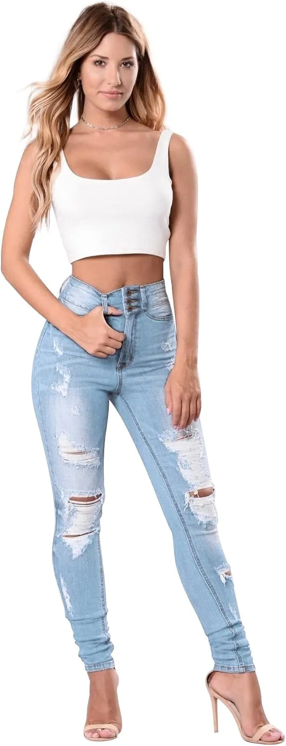 Women's High Waisted Butt Lift Stretch Ripped Skinny Jeans Juniors Distressed Button Down Jeans