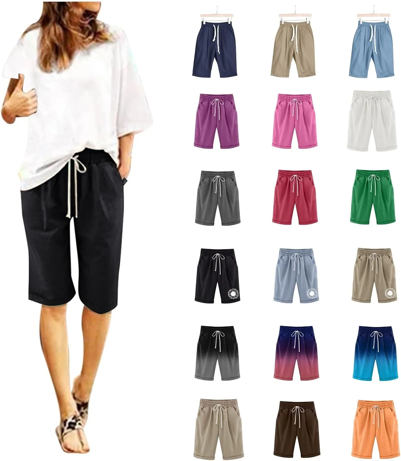 Women's Knee Length Bermuda Shorts Elastic Waist Drawstring Casual 10" Long Linen Shorts Summer Beach Shorts