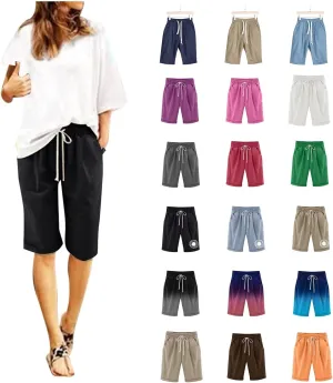 Women's Knee Length Bermuda Shorts Elastic Waist Drawstring Casual 10" Long Linen Shorts Summer Beach Shorts