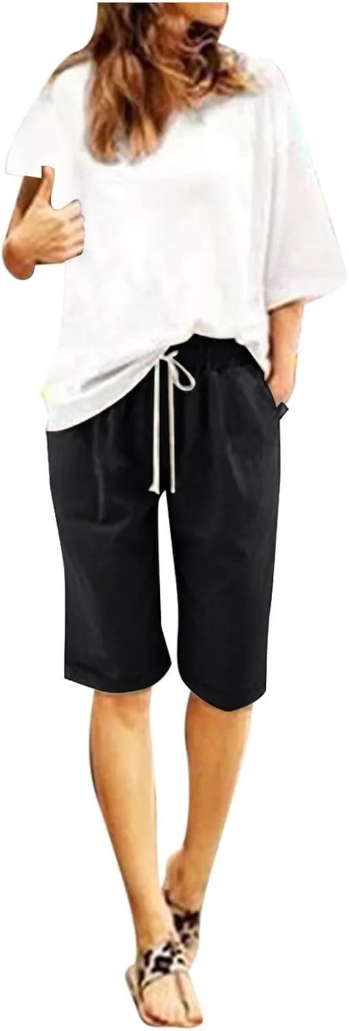 Women's Knee Length Bermuda Shorts Elastic Waist Drawstring Casual 10" Long Linen Shorts Summer Beach Shorts