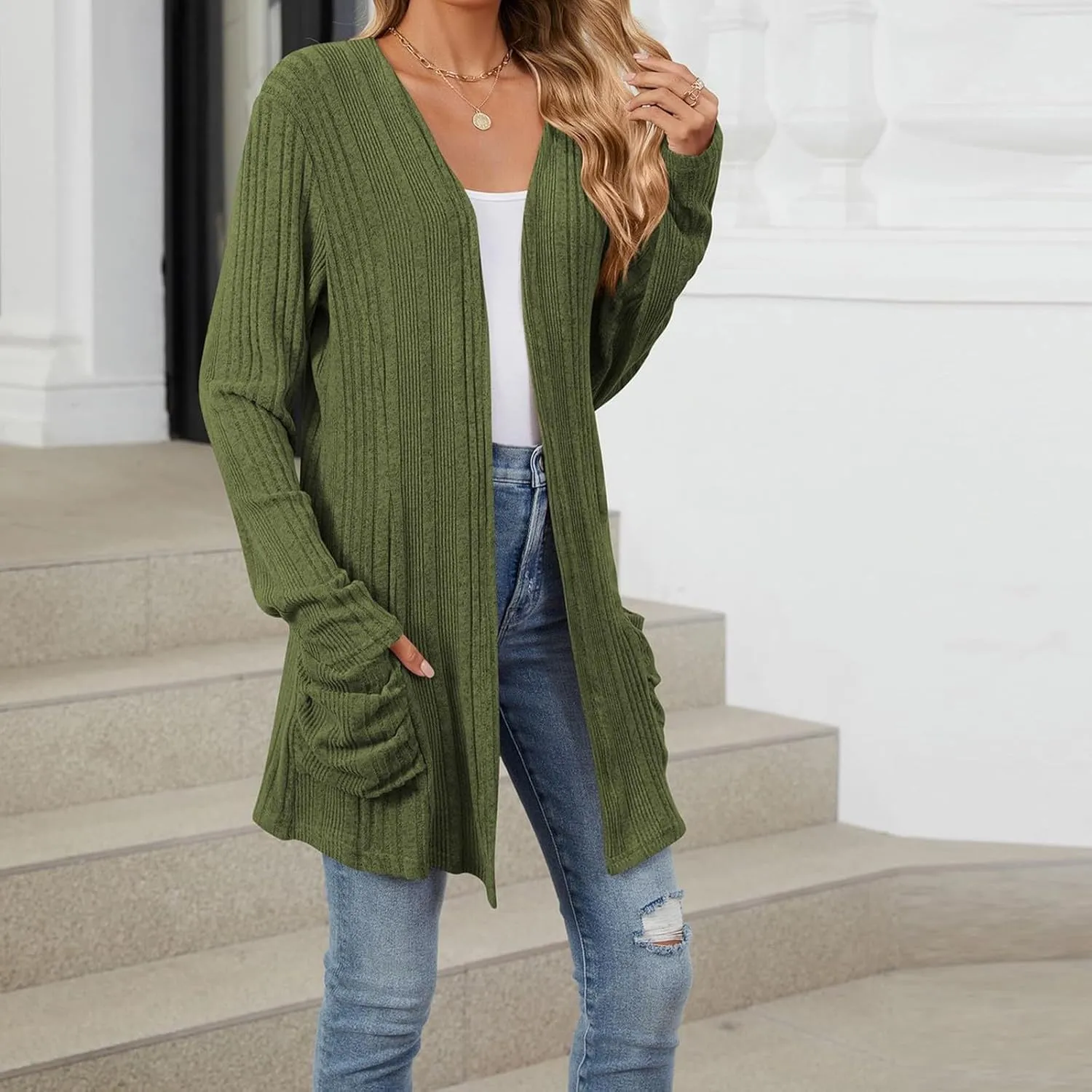 Womens Lightweight Open Front Cardigan Casual Long Sleeve Cable Knit Cardigan Sweaters 2024 Fall Outfits with Pockets