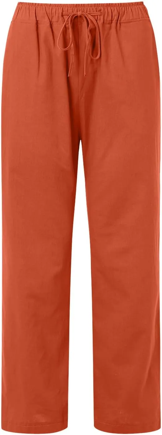 Women's Linen Summer Loose Flowy Pants Elastic Waisted Bootcut Slim-Fit Pant Trousers Beach