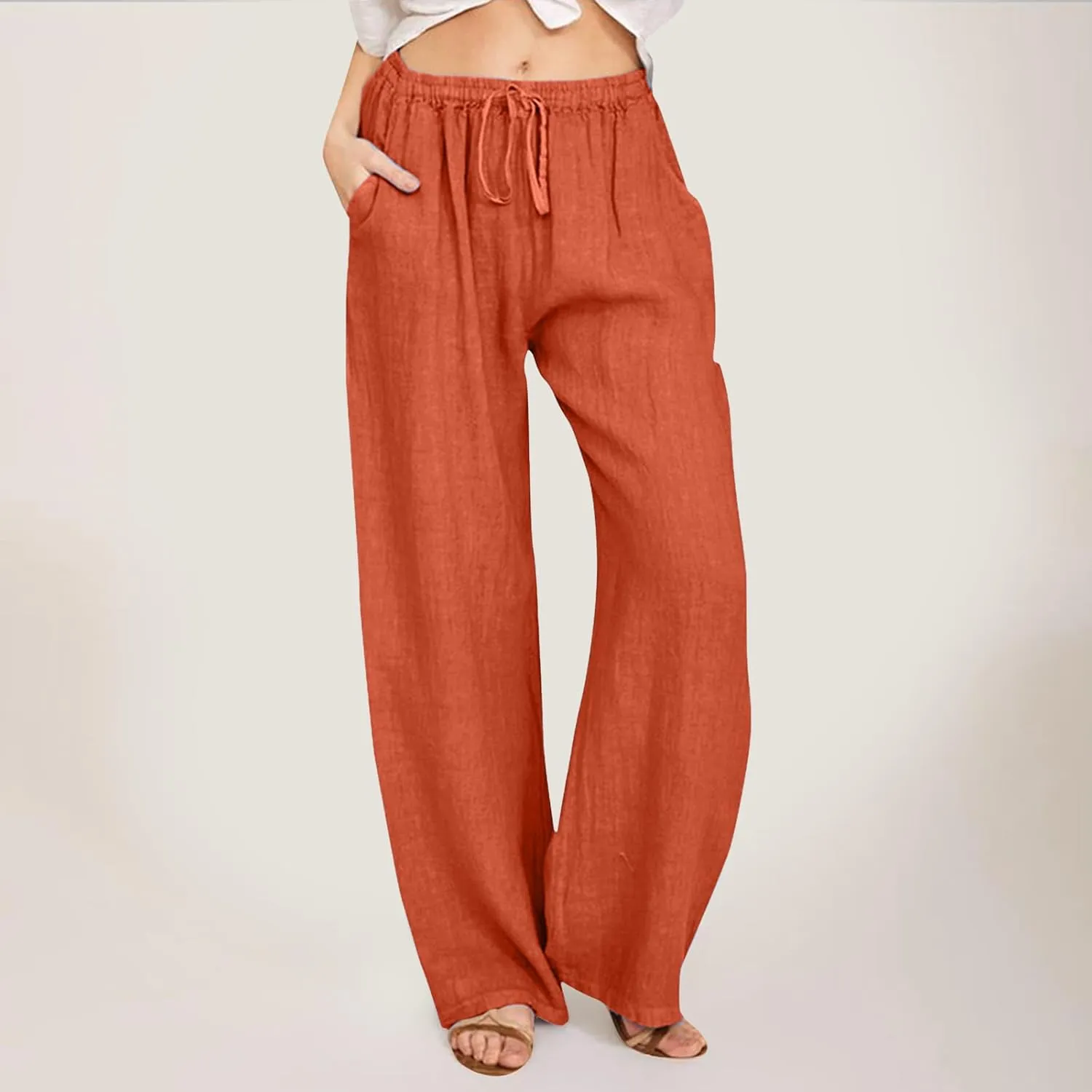 Women's Linen Summer Loose Flowy Pants Elastic Waisted Bootcut Slim-Fit Pant Trousers Beach
