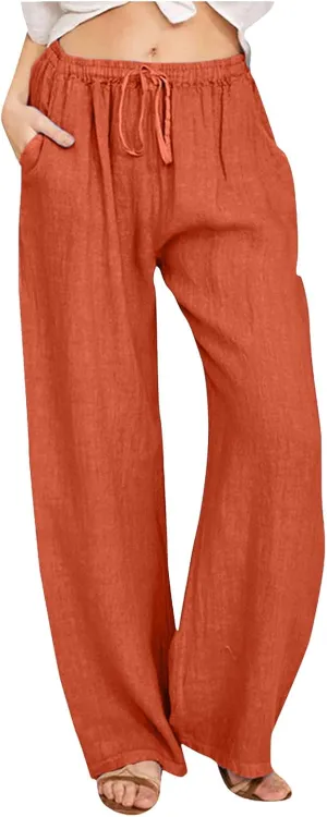 Women's Linen Summer Loose Flowy Pants Elastic Waisted Bootcut Slim-Fit Pant Trousers Beach