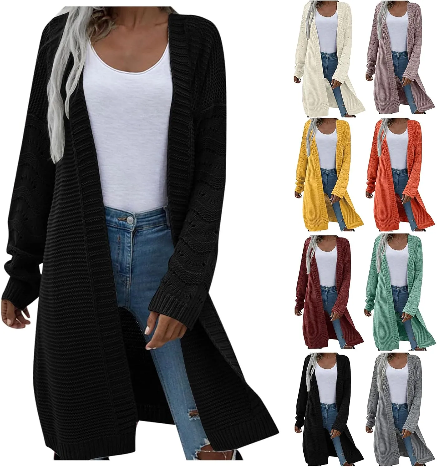 Womens Long Cardigan Sweater Casual Loose Cable Knit Cardigans Oversized Open Front Long Sleeve Sweater Winter Coat