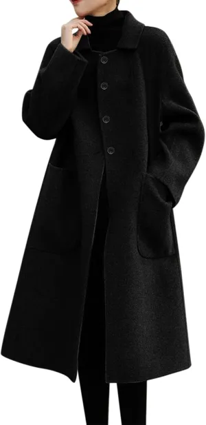 Women's Long Sleeve Button Down Faux Wool Blends Thin Jacket Coat Slim Fit Warm Long Overcoat Womens Winter Coats (Black, L)