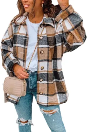 Womens Long Sleeve Shirts Casual Plaid Shacket Button Down Long Sleeve Tops 2023 Fall Outfits Boyfriend Blouses