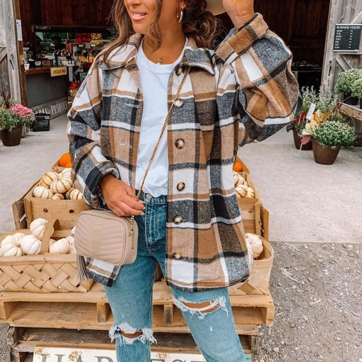 Womens Long Sleeve Shirts Casual Plaid Shacket Button Down Long Sleeve Tops 2023 Fall Outfits Boyfriend Blouses