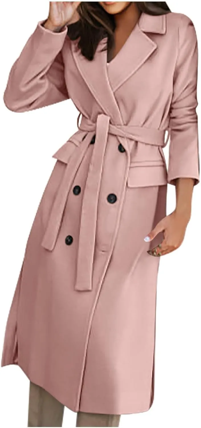 Womens Long Trench Coat Oversized Double Breasted Lapel Overcoat Outerwear with Belt 2024 Fall Winter Clothes