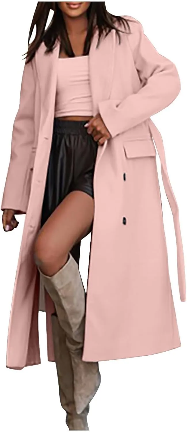 Womens Long Trench Coat Oversized Double Breasted Lapel Overcoat Outerwear with Belt 2024 Fall Winter Clothes