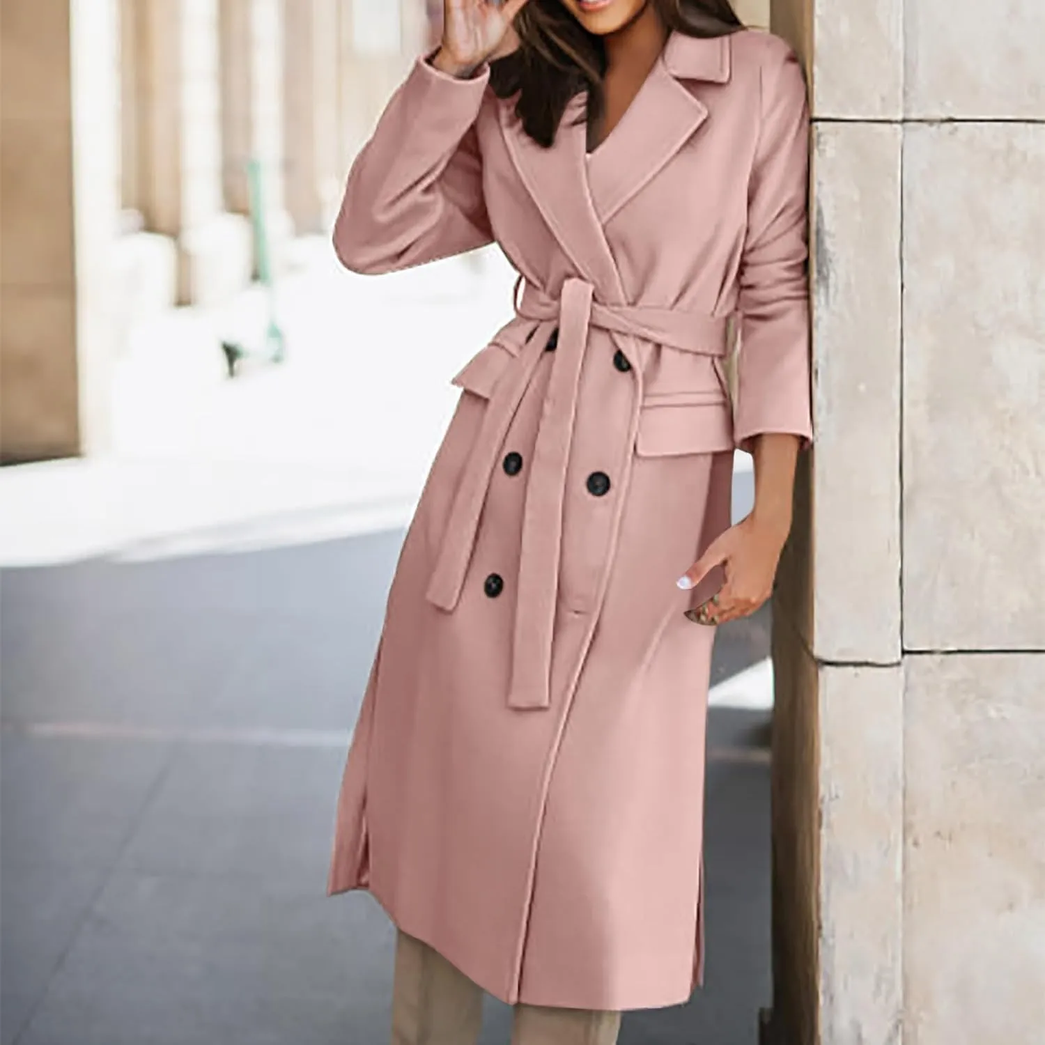 Womens Long Trench Coat Oversized Double Breasted Lapel Overcoat Outerwear with Belt 2024 Fall Winter Clothes