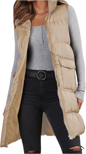 Women's Long Vest Sleeveless Lightweight Puffer Tactical Jacket Packable Flannel Hooded Down Coat Quilted Vest Tops