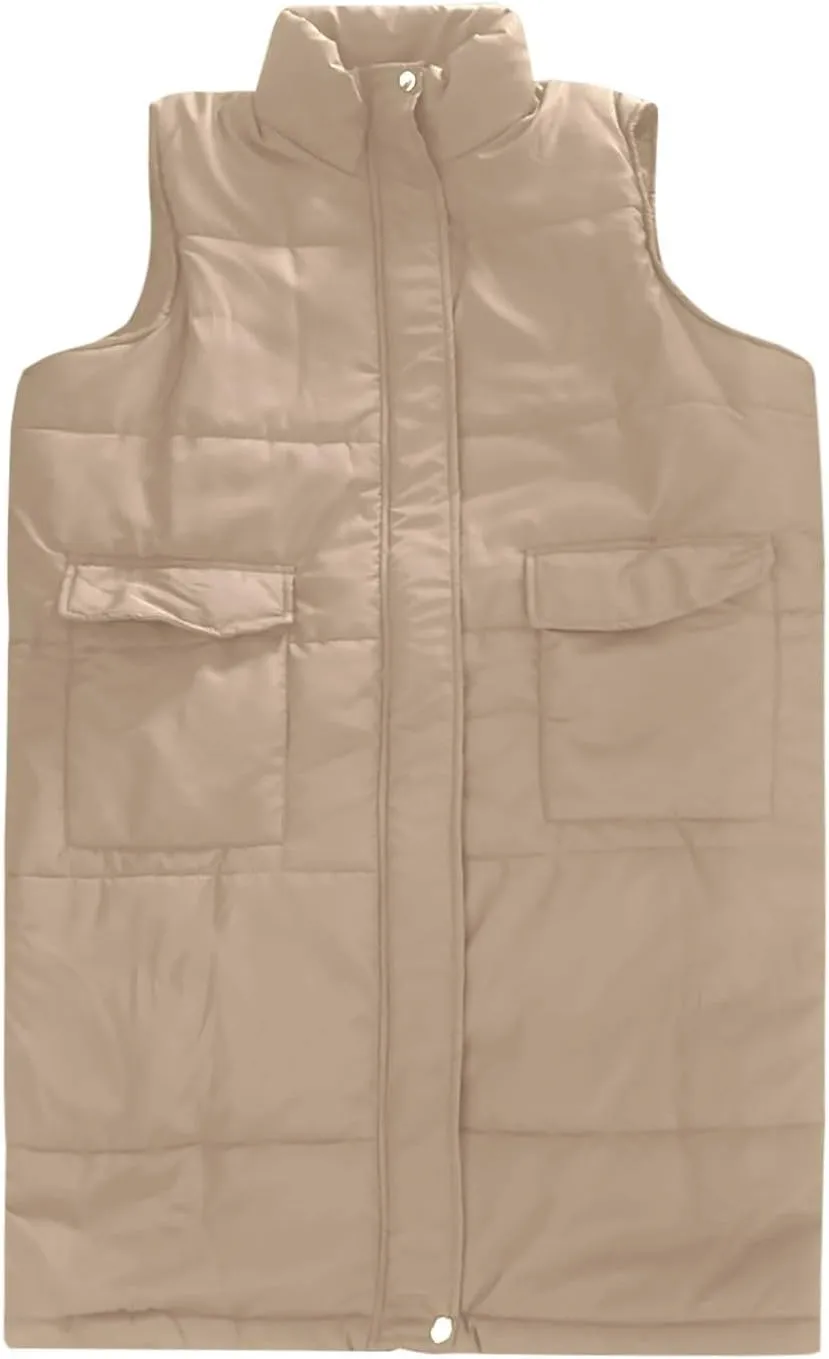 Women's Long Vest Sleeveless Lightweight Puffer Tactical Jacket Packable Flannel Hooded Down Coat Quilted Vest Tops