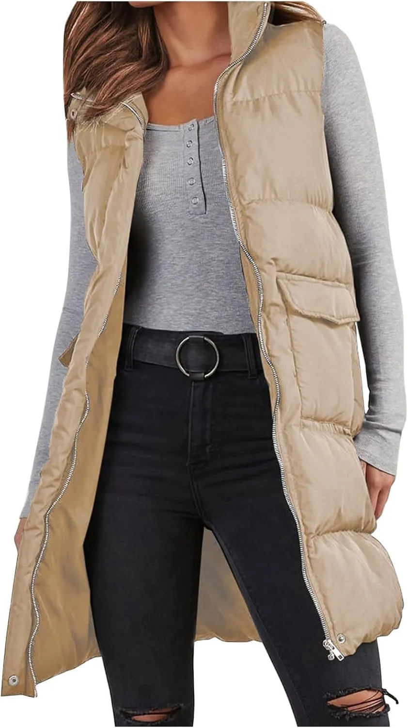 Women's Long Vest Sleeveless Lightweight Puffer Tactical Jacket Packable Flannel Hooded Down Coat Quilted Vest Tops